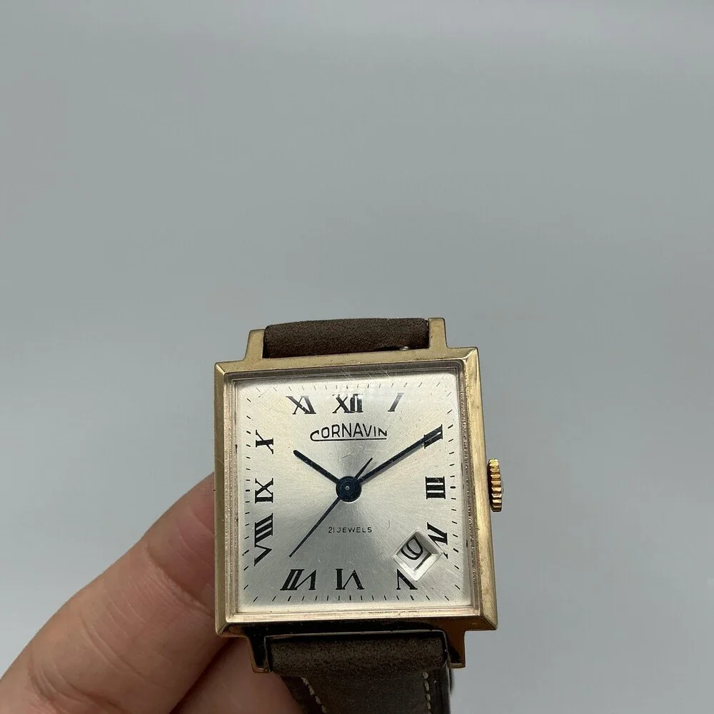 Vintage Cornavin Mens Watch 29mm Square Brown Leather Manual Wind Date
